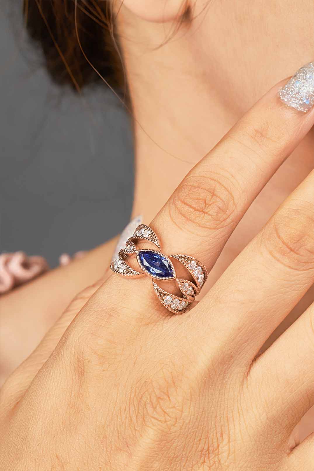 Engagement Rings Marquise Cut Blue Titanic Gemstone Rose Gold White Gold Milgrain Art Deco
