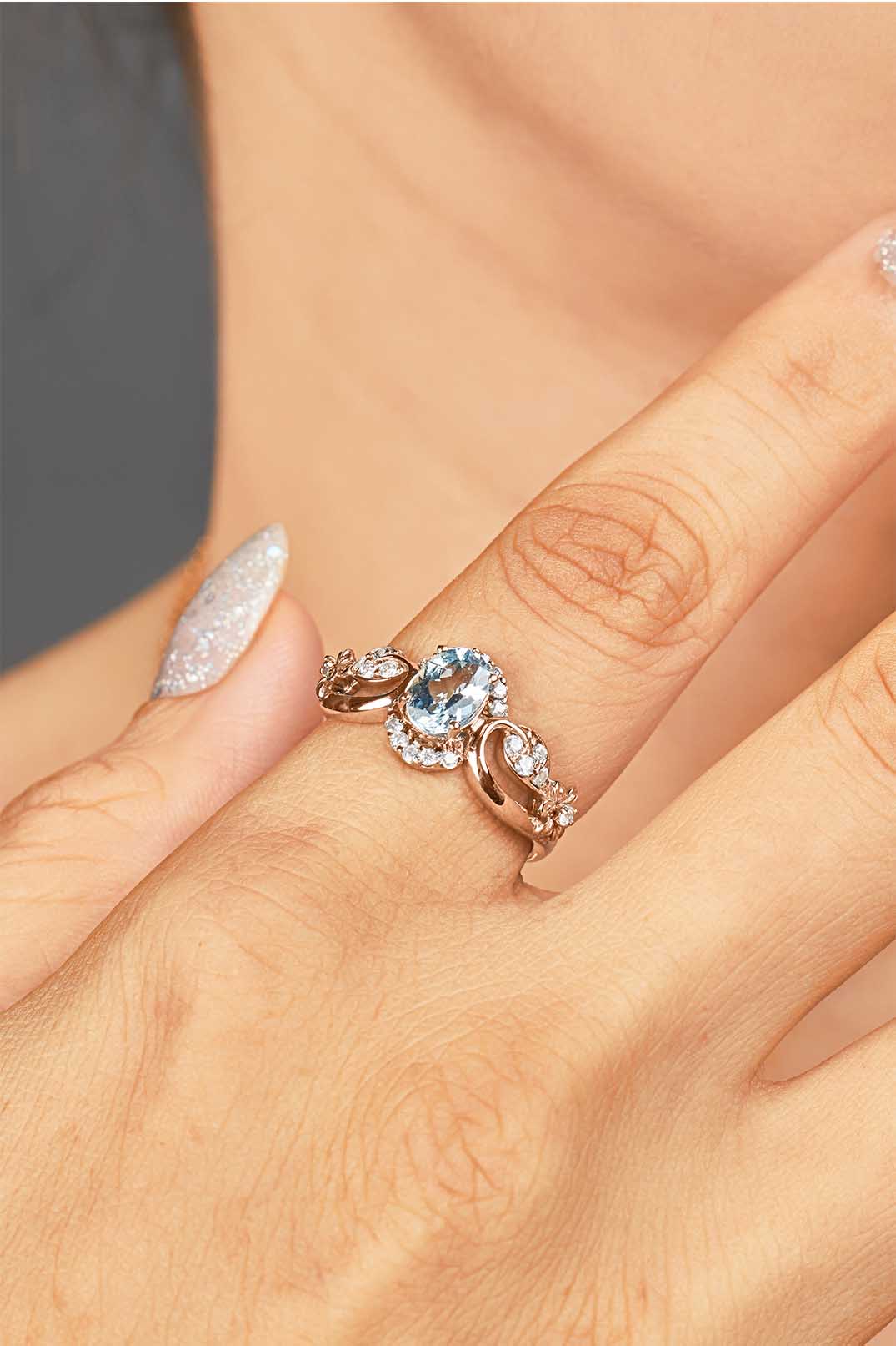 Natural Sky Blue Topaz Engagement Ring Promise Wedding Anniversary Art Deco Flower Rose Gold White Gold Silver