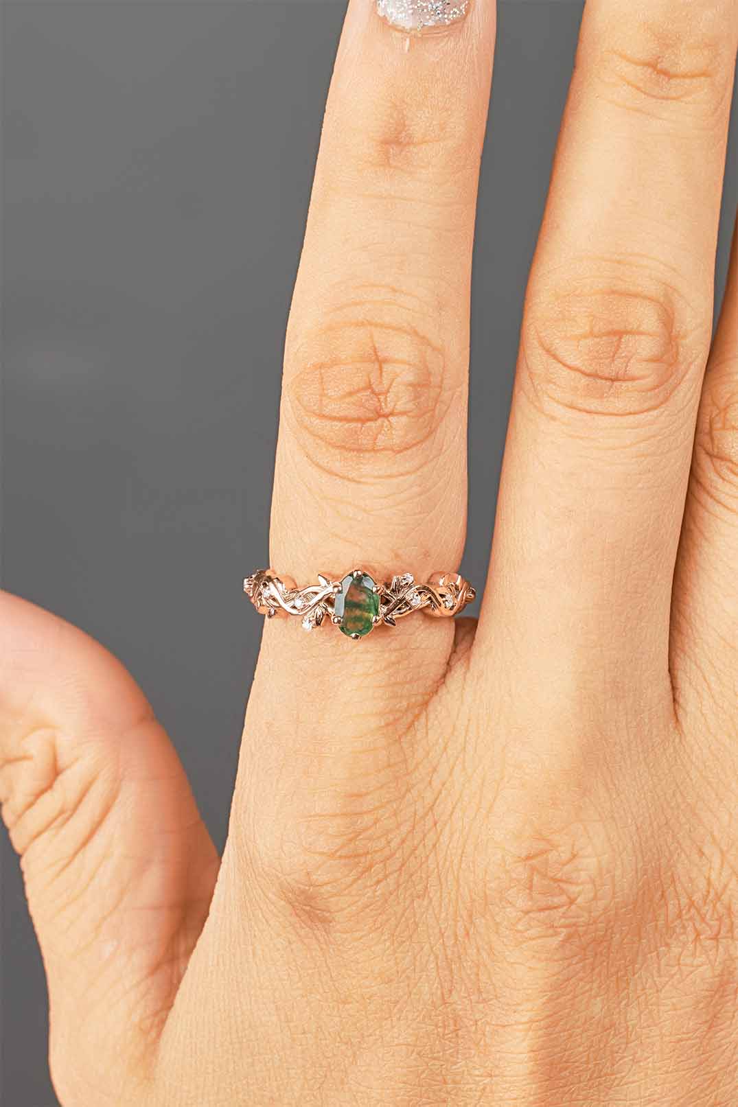 Oval Moss Agate Ring Nature Inspired Women's Engagement Ring Rose Gold White Gold Sterling Silver