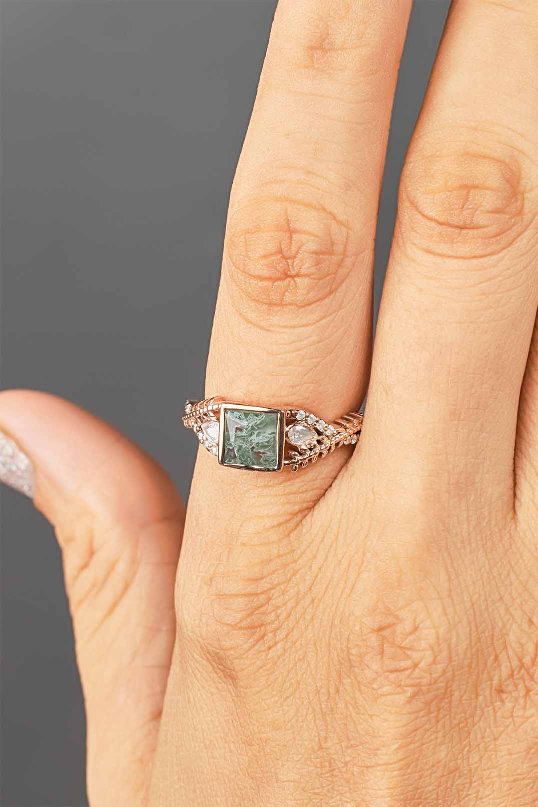 Women's Moss Agate Ring Nature Inspired Engagement Rings Rose Gold White Gold