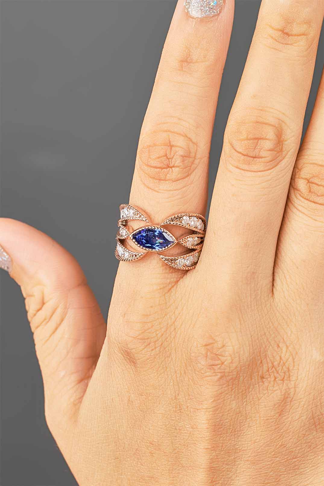 Engagement Rings Marquise Cut Blue Titanic Gemstone Rose Gold White Gold Milgrain Art Deco