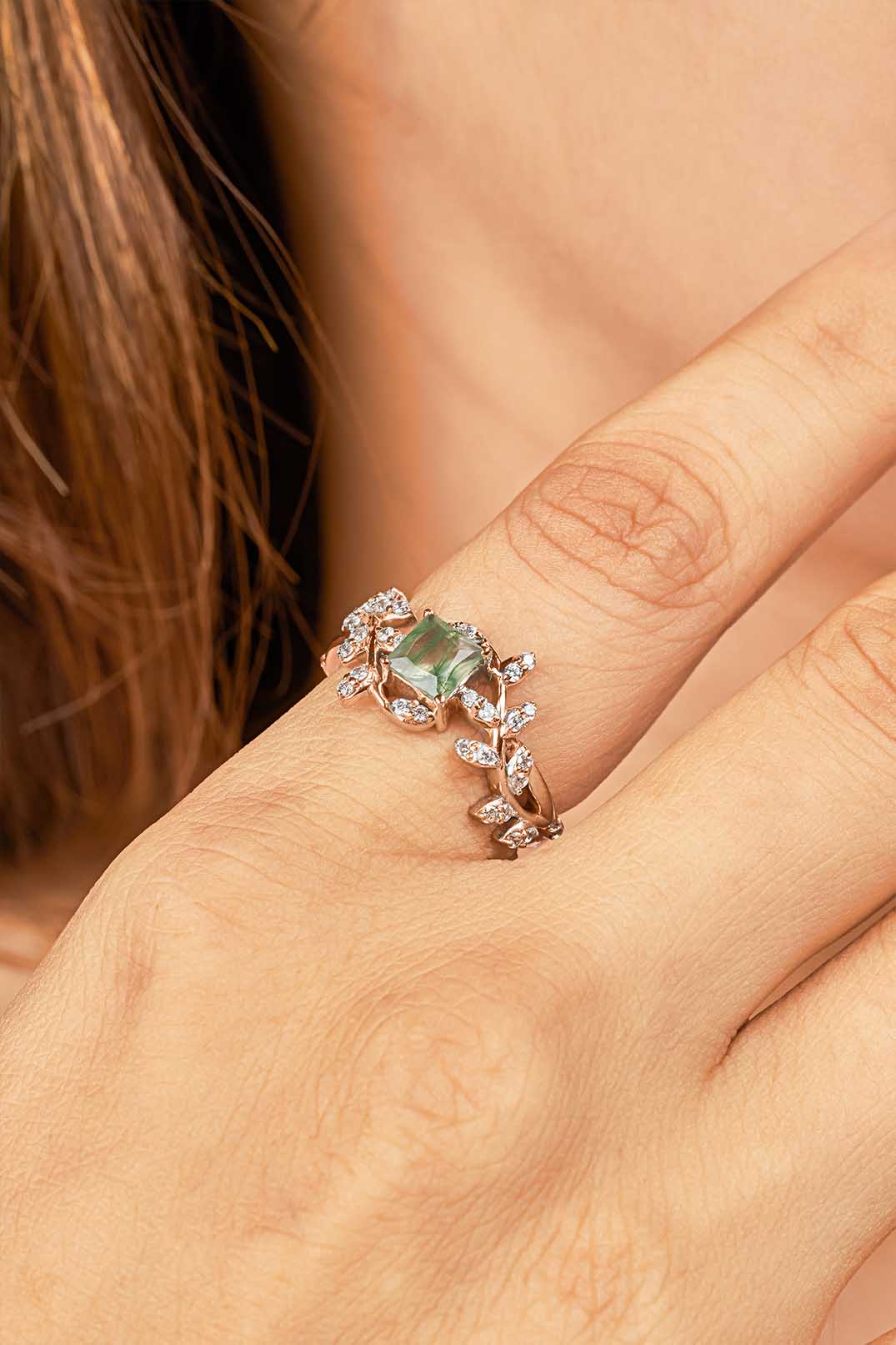 Princess Cut Moss Agate Ring Engagement Wedding Art Deco Leaf Vine Nature Rose Gold White Gold Sterling Silver