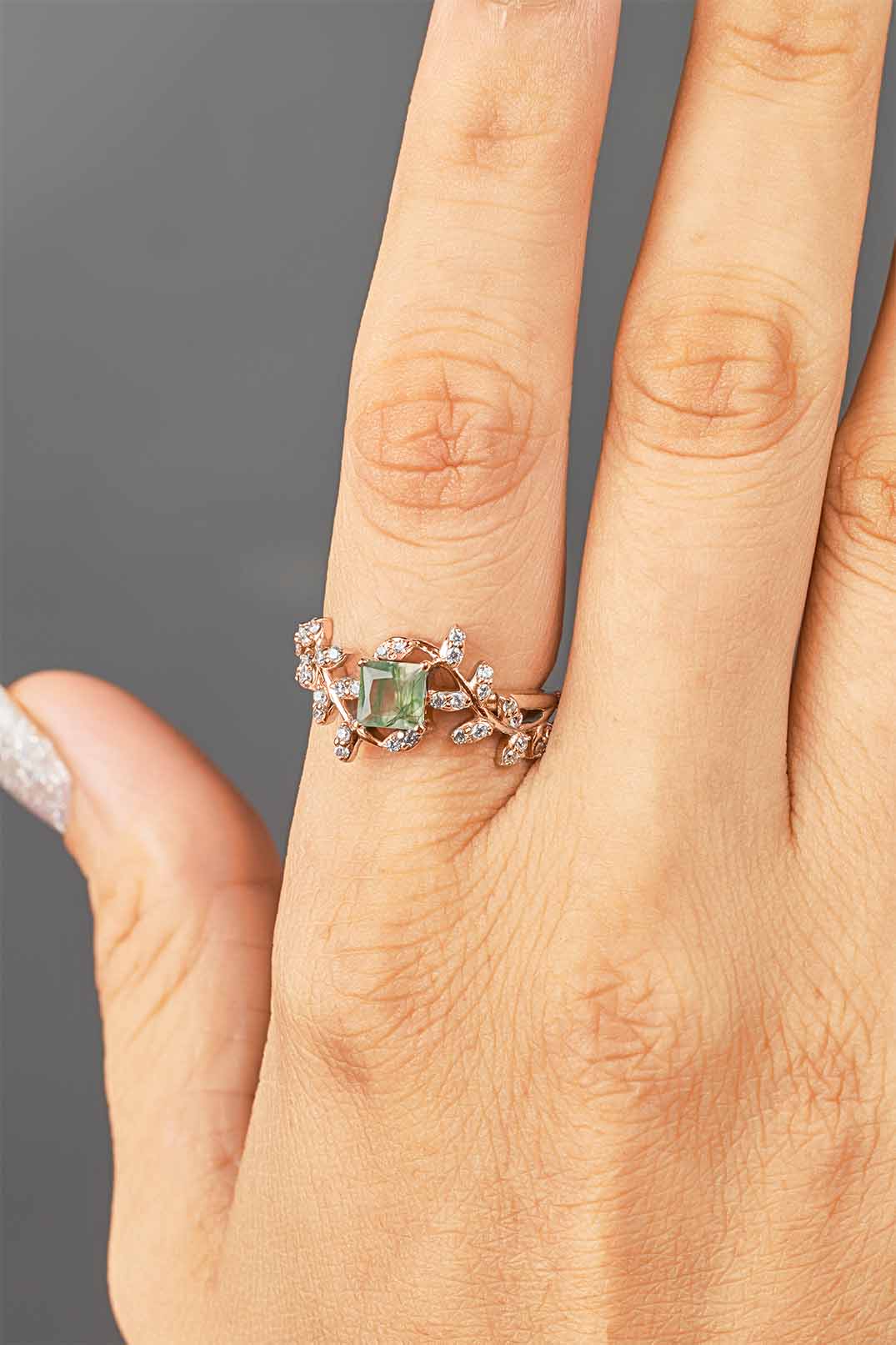 Princess Cut Moss Agate Ring Engagement Wedding Art Deco Leaf Vine Nature Rose Gold White Gold Sterling Silver