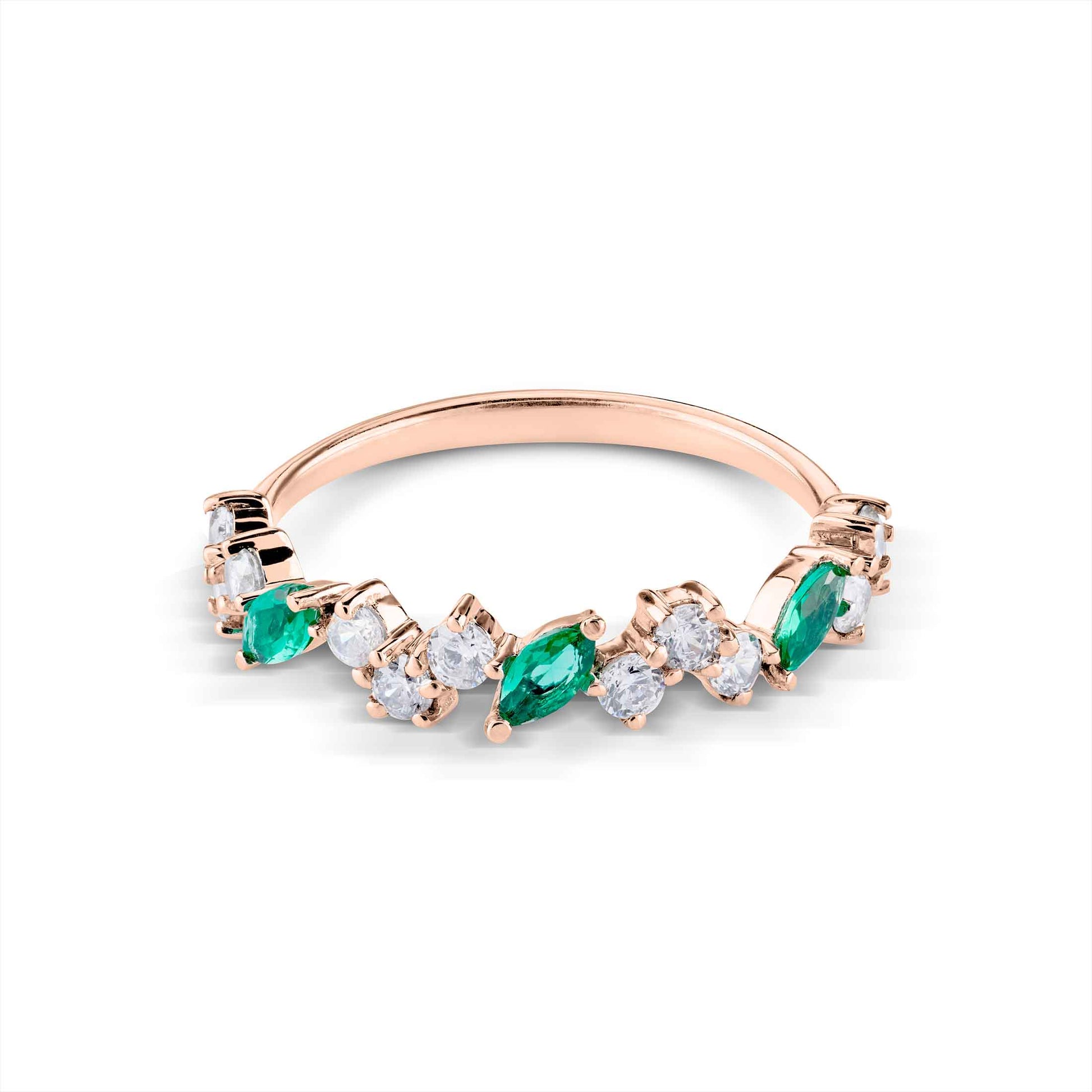 Elegant rose gold cluster ring with vibrant green marquise emeralds and sparkling white round diamonds.