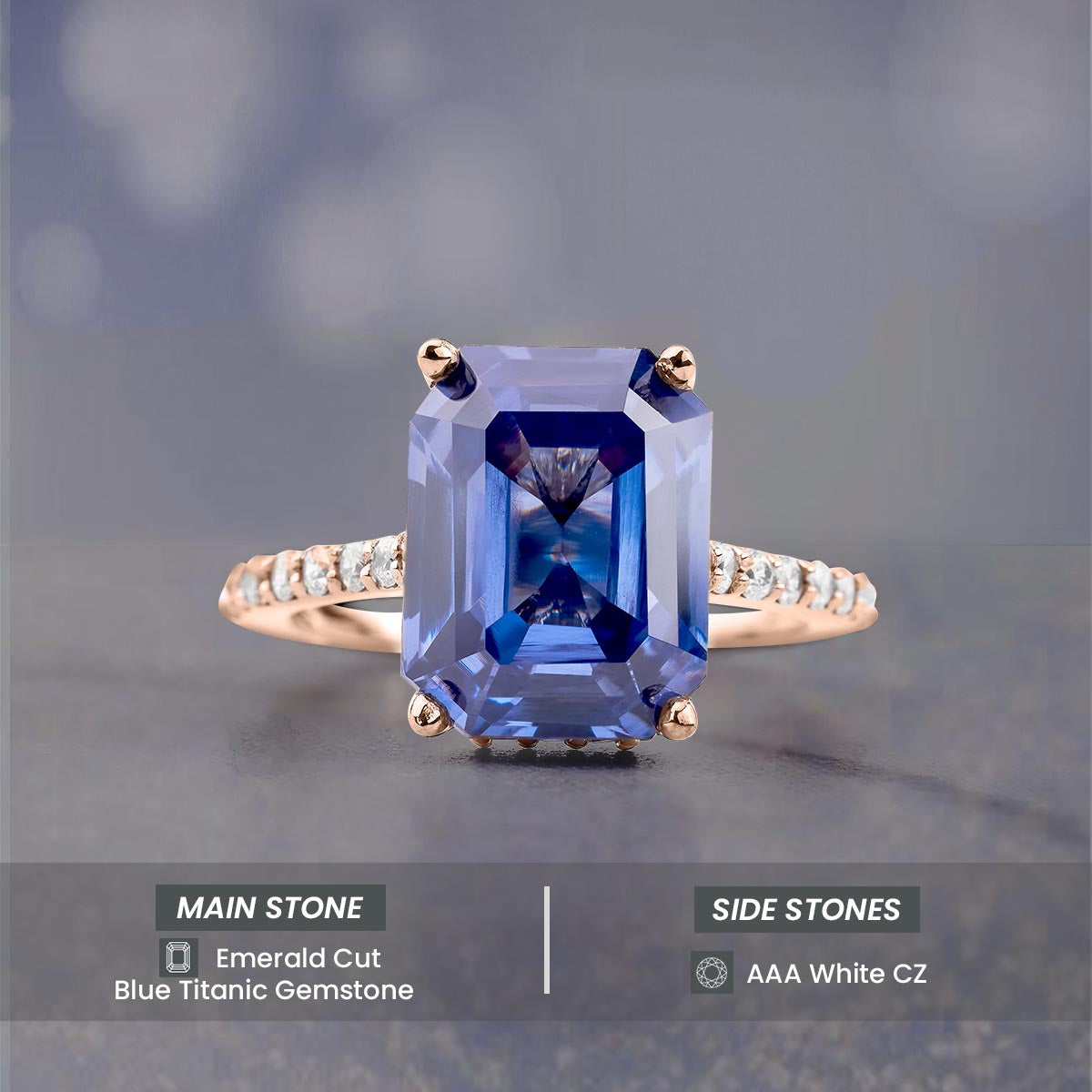 Emerald Cut Blue Titanic Gemstone Hidden Halo Statement Ring