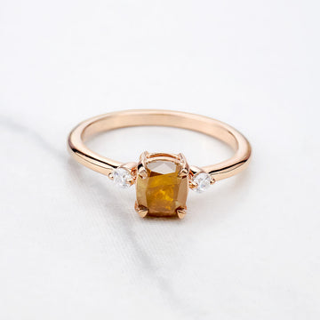 Cushion Cut Yellow Rustic Diamond 3 Stone Engagement Ring