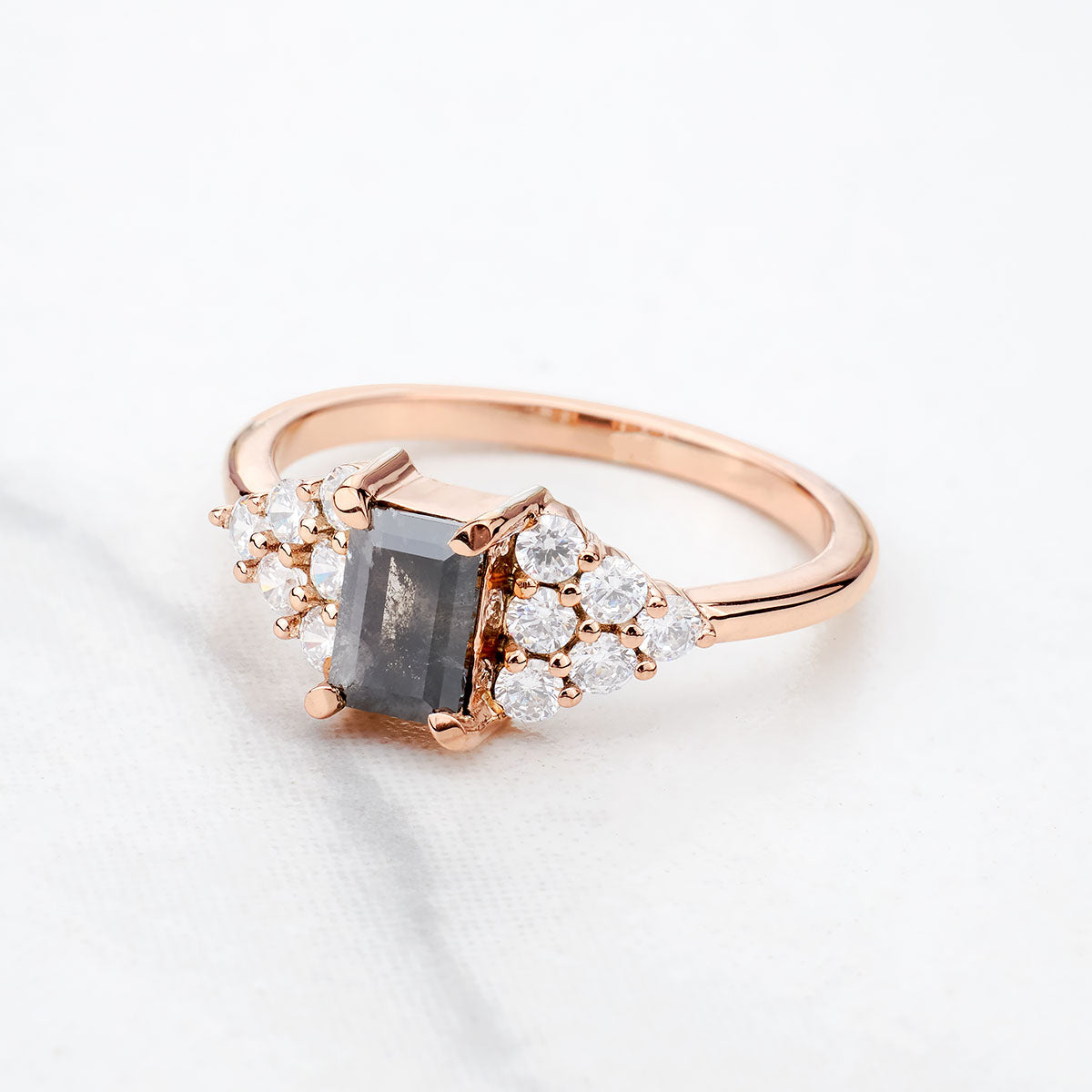 Baguette Cut Black Rustic Salt and Pepper Natural Diamond Ring
