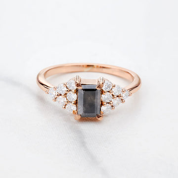 Baguette Cut Black Rustic Salt and Pepper Natural Diamond Ring