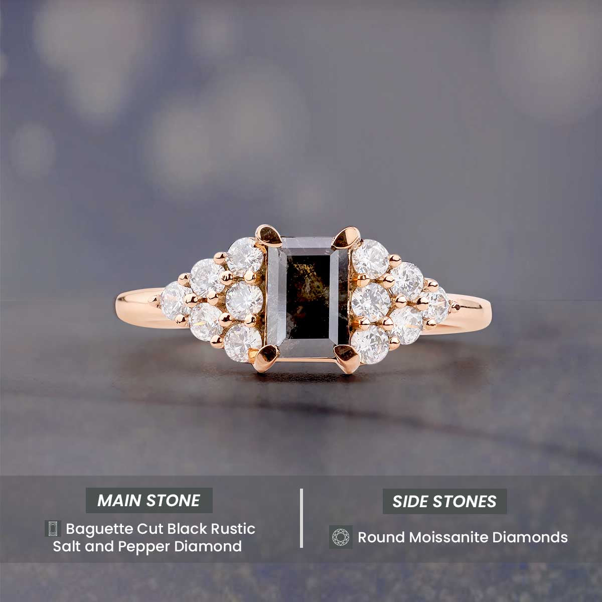 Baguette Cut Black Rustic Salt and Pepper Natural Diamond Ring