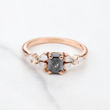 Emerald Cut Grey Natural Rustic Salt and Pepper Diamond Ring