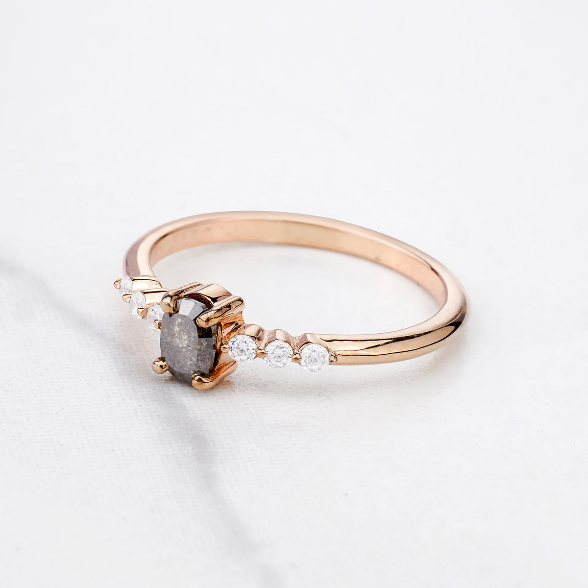 Oval Cut Natural Salt and Pepper Galaxy Diamond Promise Ring