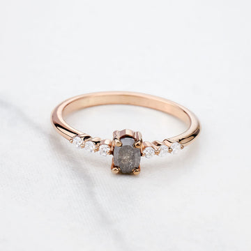 Oval Cut Natural Salt and Pepper Galaxy Diamond Promise Ring