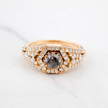 Natural Salt and Pepper Diamond Hexagon Cut Engagement Ring