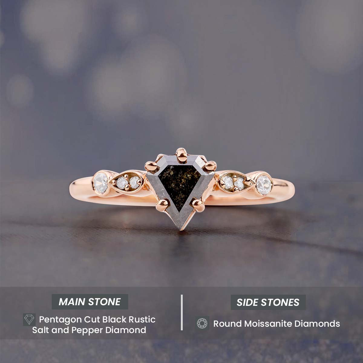 Pentagon Cut Salt and Pepper Rustic Diamond Wedding Ring