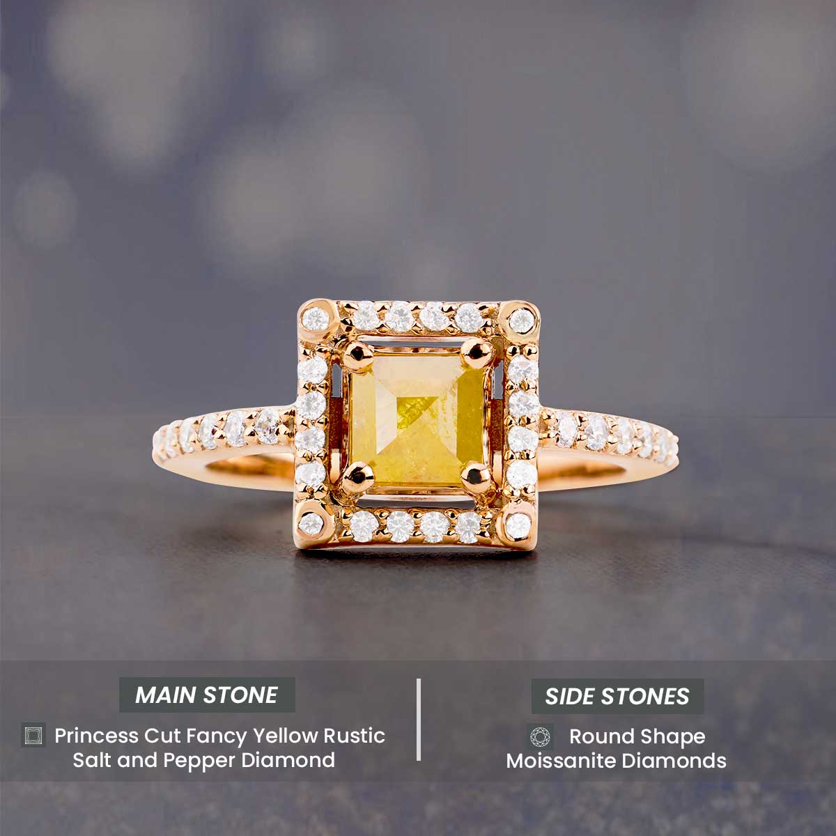Princess Rose Cut Yellow Natural Rustic Diamond Ring for Women