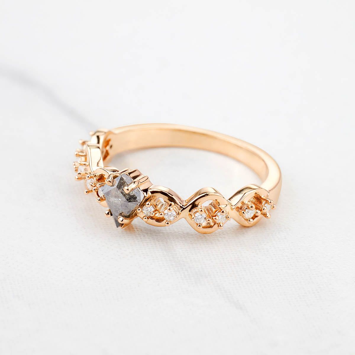Kite Cut Milky Salt and Pepper Diamond Vine Engagement Ring