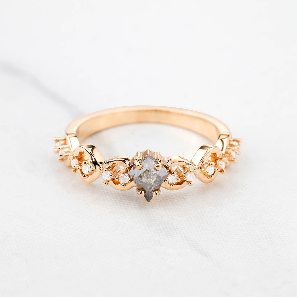 Kite Cut Milky Salt and Pepper Diamond Vine Engagement Ring