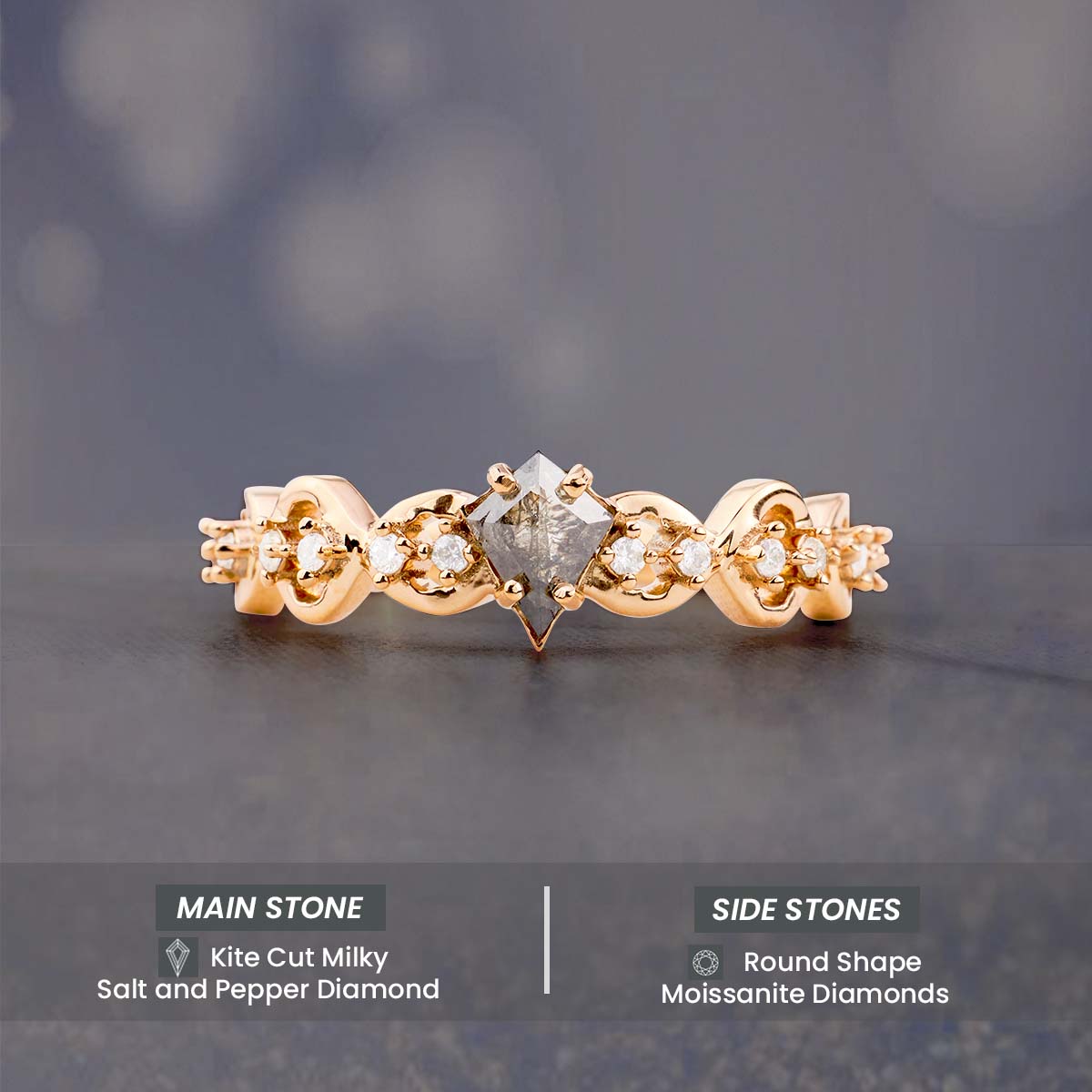 Kite Cut Milky Salt and Pepper Diamond Vine Engagement Ring