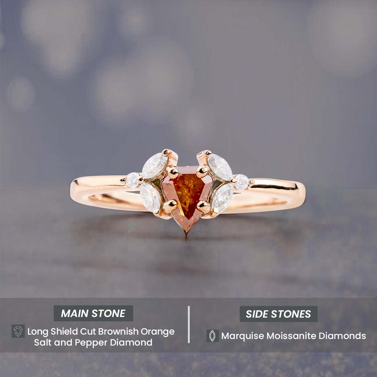 Shield Cut Orange Natural Rustic Diamond and Moissanite Ring
