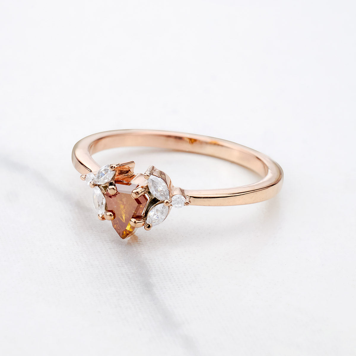 Shield Cut Orange Natural Rustic Diamond and Moissanite Ring