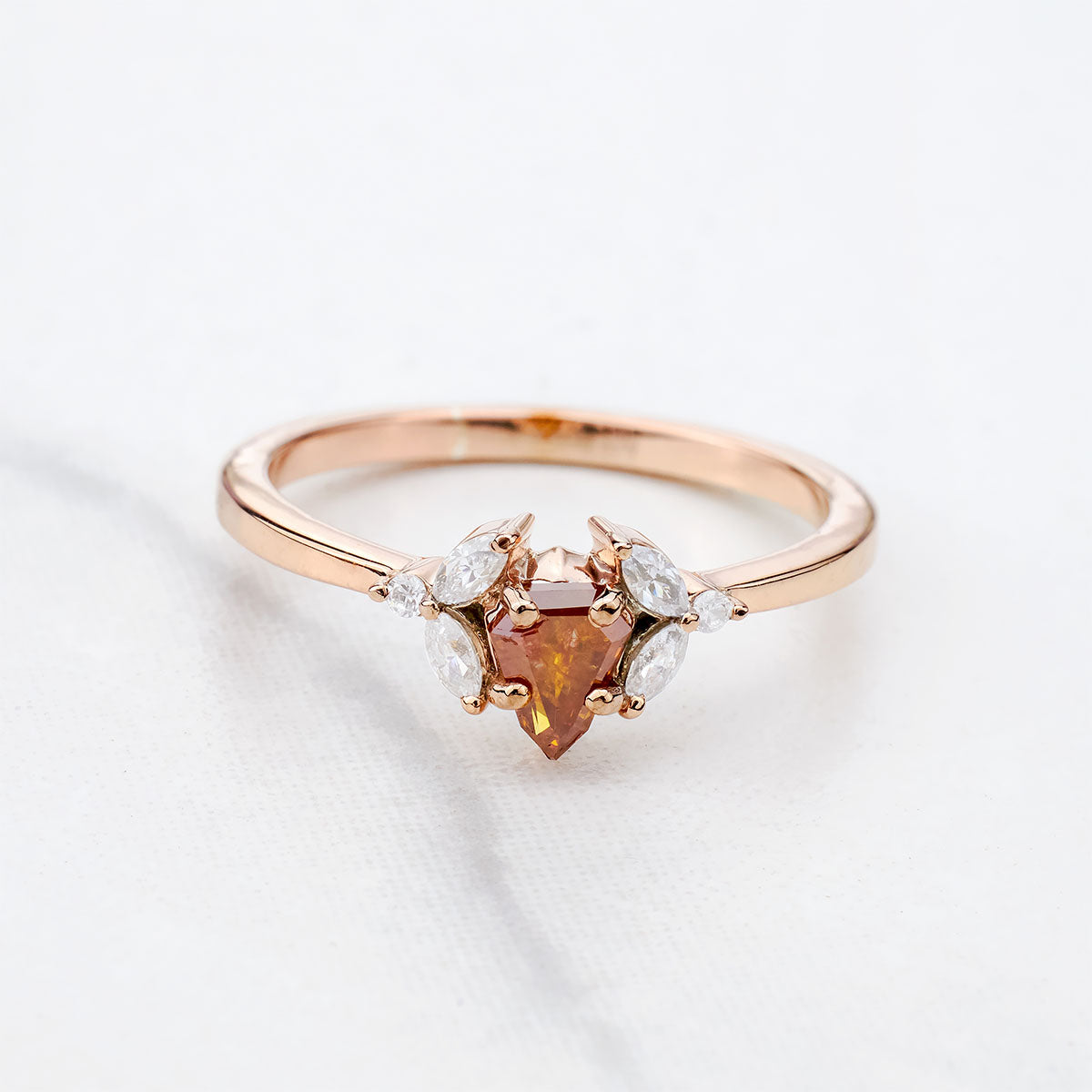 Shield Cut Orange Natural Rustic Diamond and Moissanite Ring