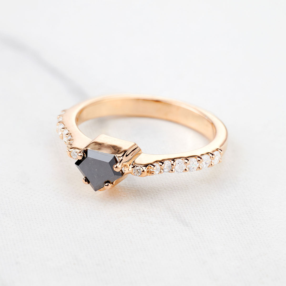 Pentagon Cut Black Natural Rustic Diamond Engagement Ring