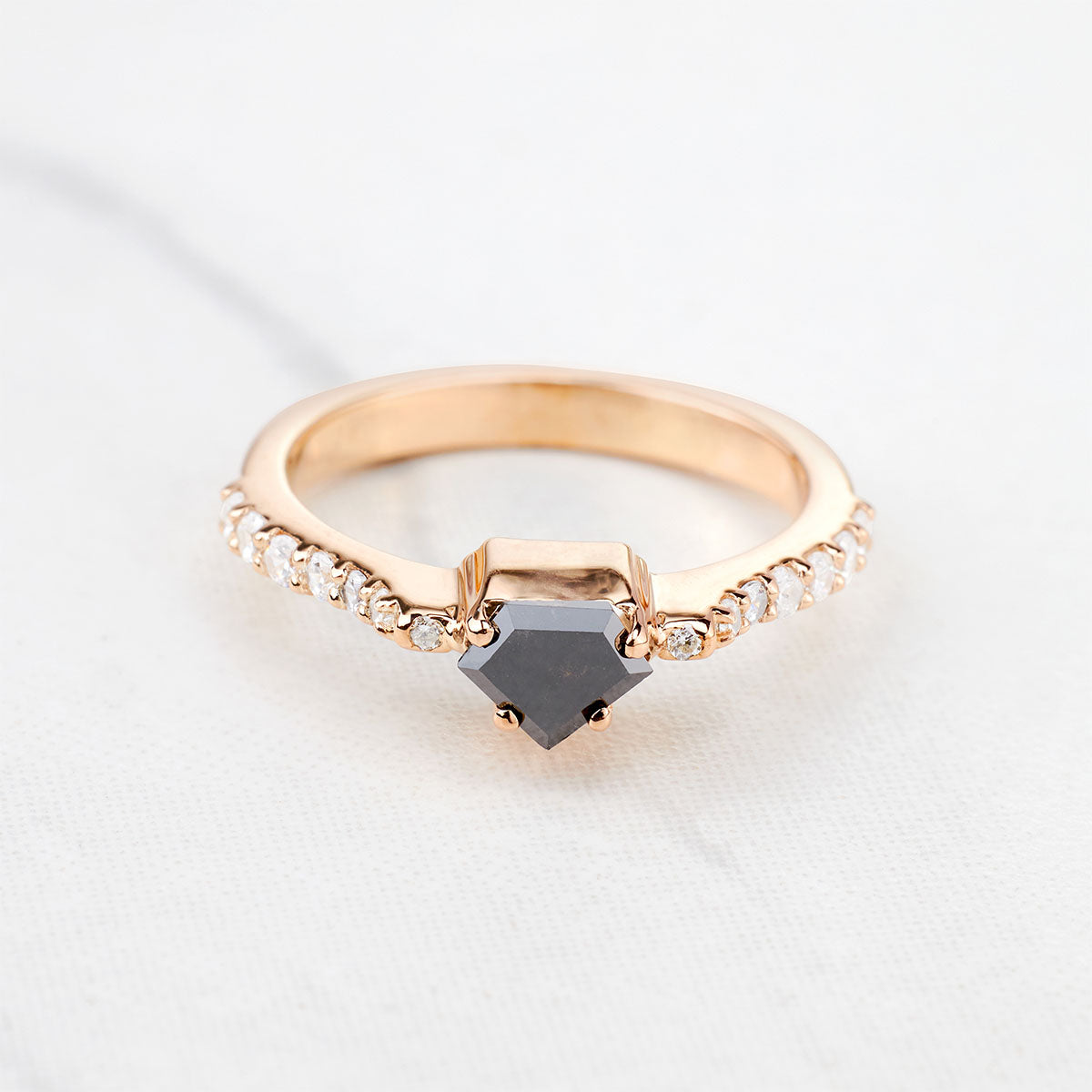 Pentagon Cut Black Natural Rustic Diamond Engagement Ring