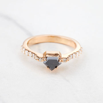 Pentagon Cut Black Natural Rustic Diamond Engagement Ring