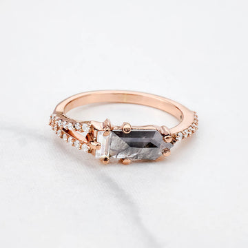 Rose Cut Bullet Natural Salt and Pepper Diamond Promise Ring