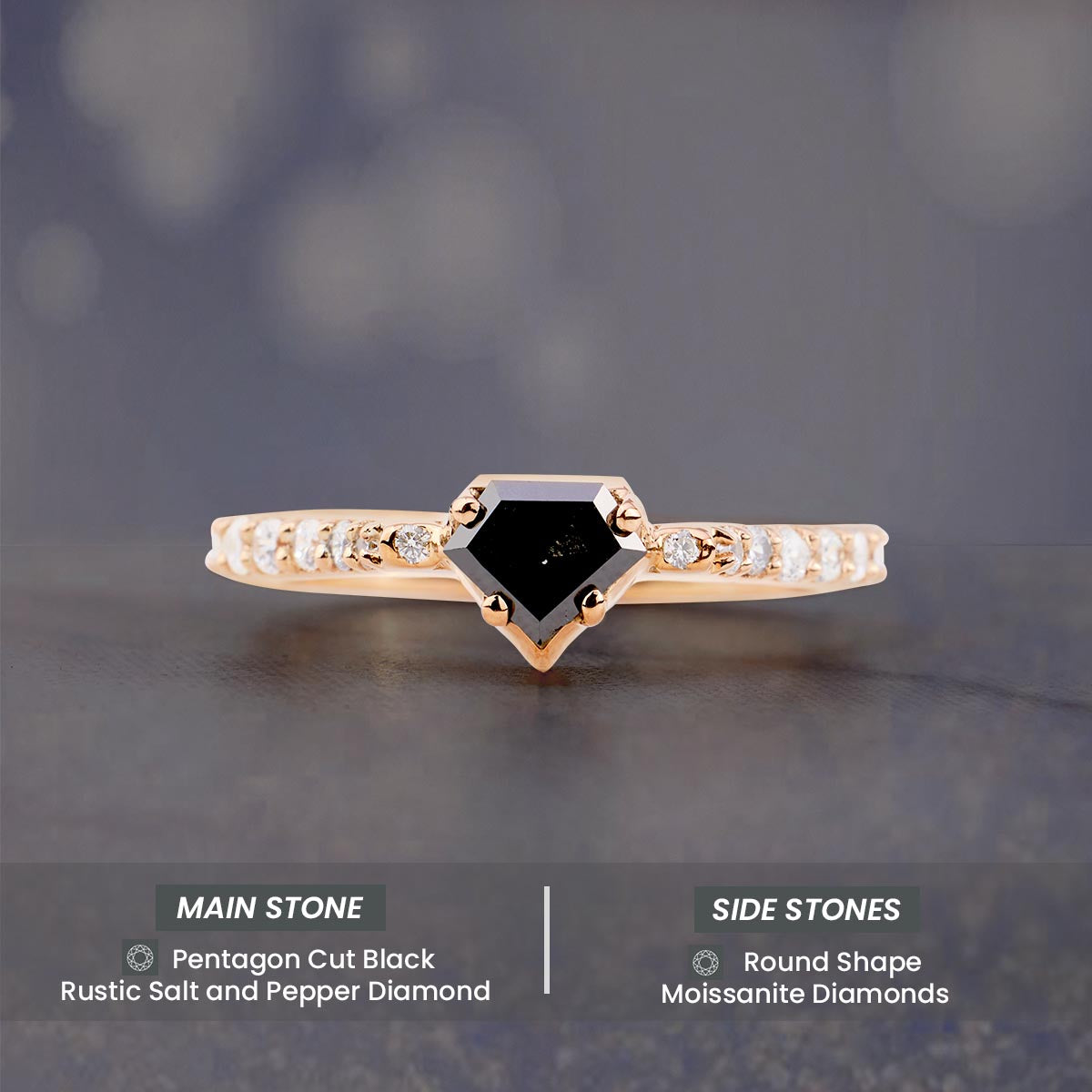 Pentagon Cut Black Natural Rustic Diamond Engagement Ring
