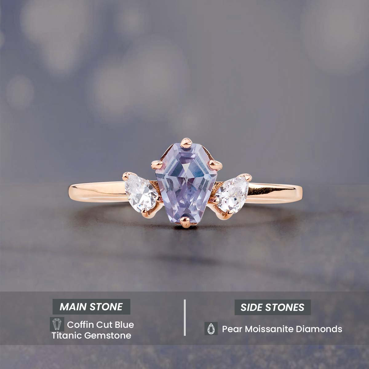 Coffin Cut Blue Titanic Gemstone and Pear Moissanite 3 Stone Engagement Ring