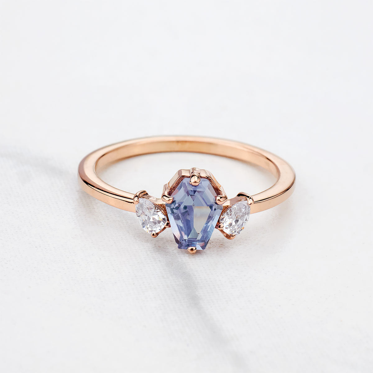 Coffin Cut Blue Titanic Gemstone and Pear Moissanite 3 Stone Engagement Ring