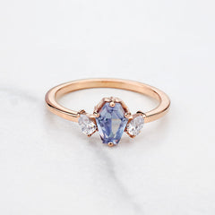 Coffin Cut Blue Titanic Gemstone and Pear Moissanite 3 Stone Engagement Ring