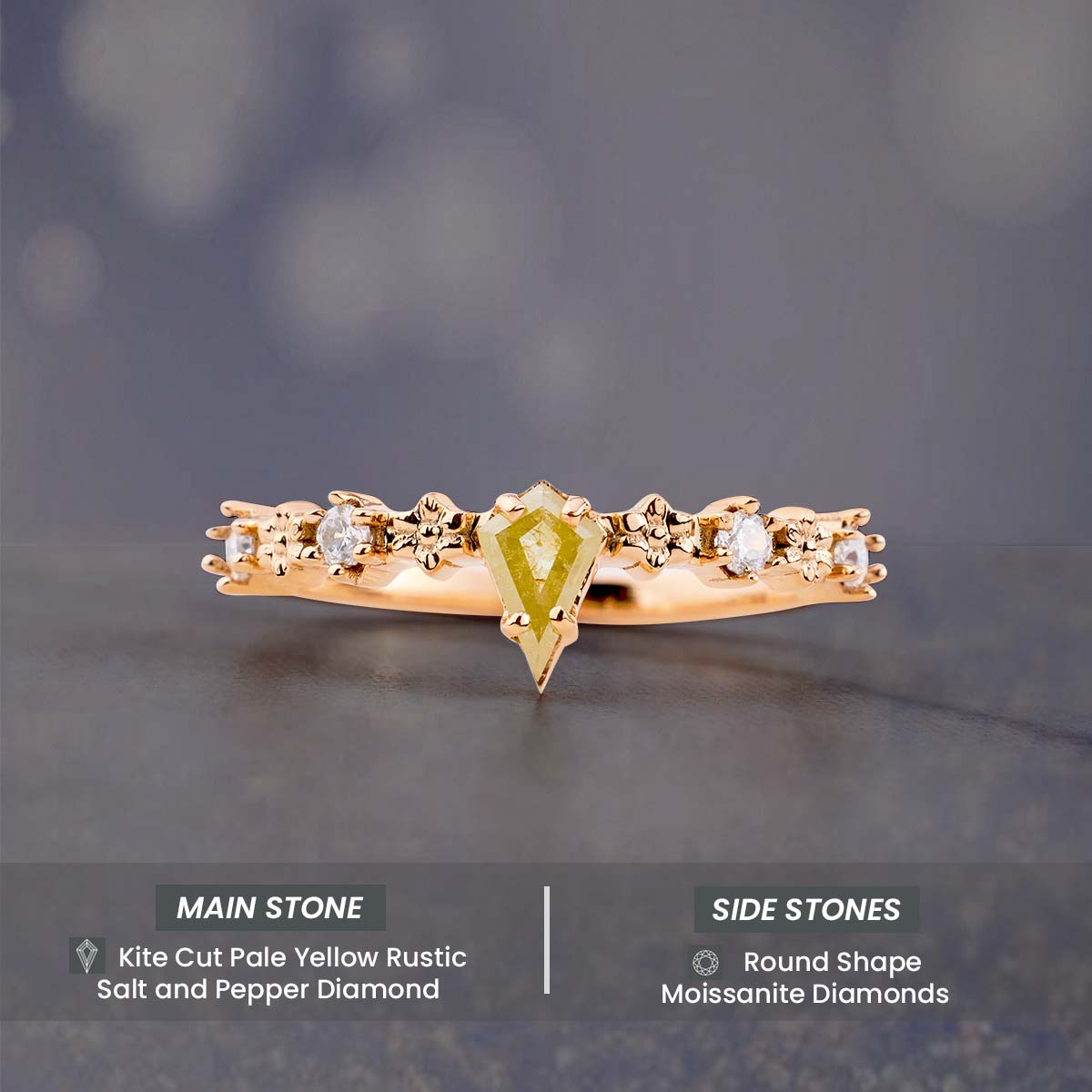 Kite Cut Pale Yellow Natural Rustic Diamond Engagement Ring
