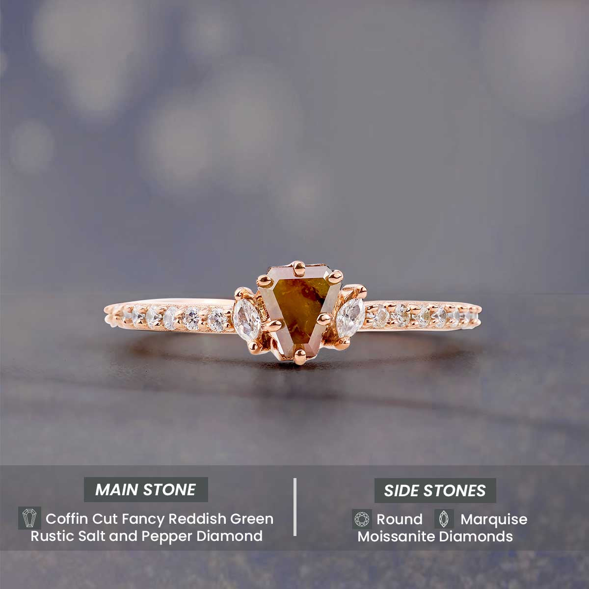Fancy colored natural rustic diamond coffin cut engagement ring