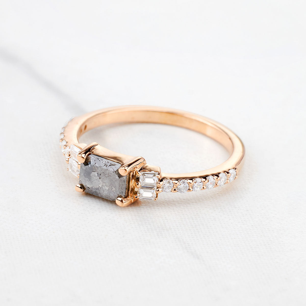 Emerald Cut Natural Salt and Pepper Diamond Engagement Rings