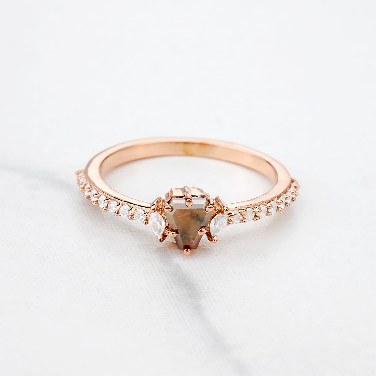 Fancy colored natural rustic diamond coffin cut engagement ring