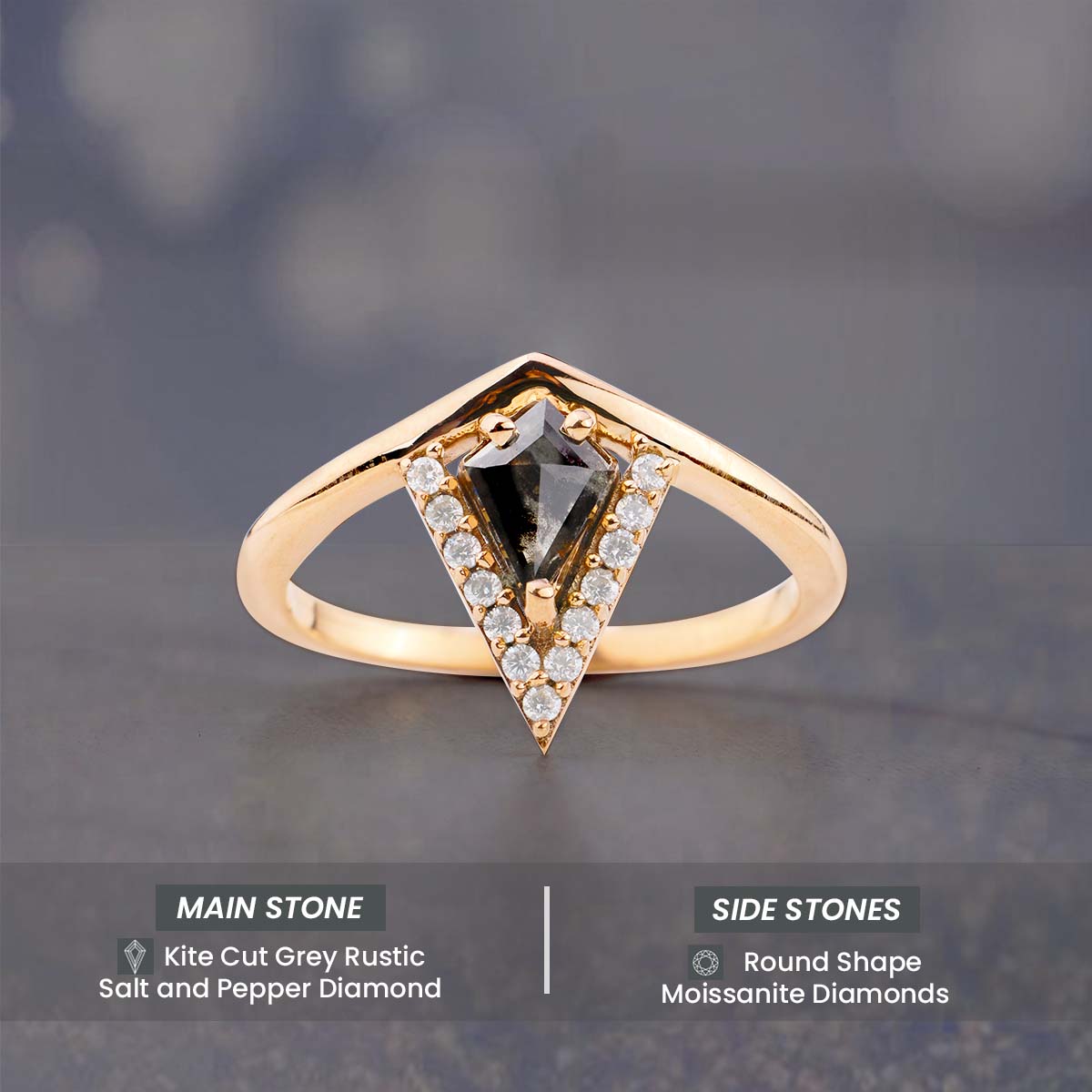 Unique Kite Cut Salt and Pepper Diamond Ring Engagement Rings