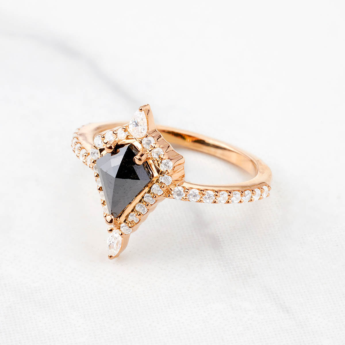 Kite Cut Black Rustic Diamond Halo Moissanite Engagement Ring