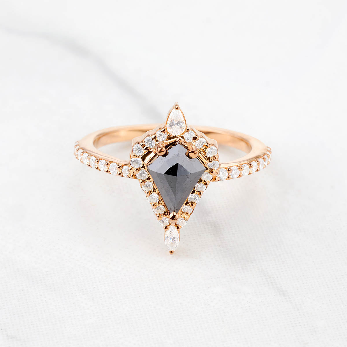 Kite Cut Black Rustic Diamond Halo Moissanite Engagement Ring
