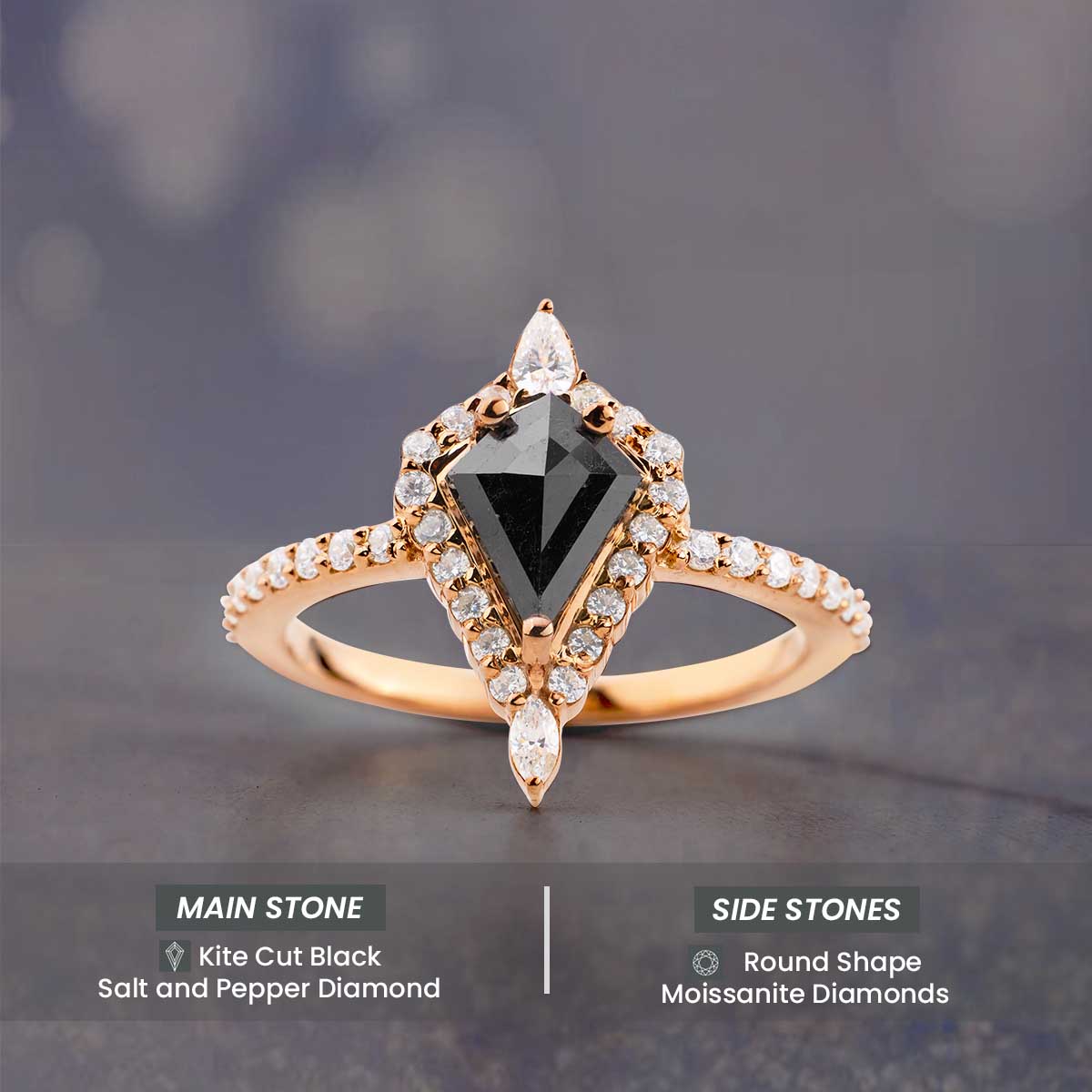Kite Cut Black Rustic Diamond Halo Moissanite Engagement Ring