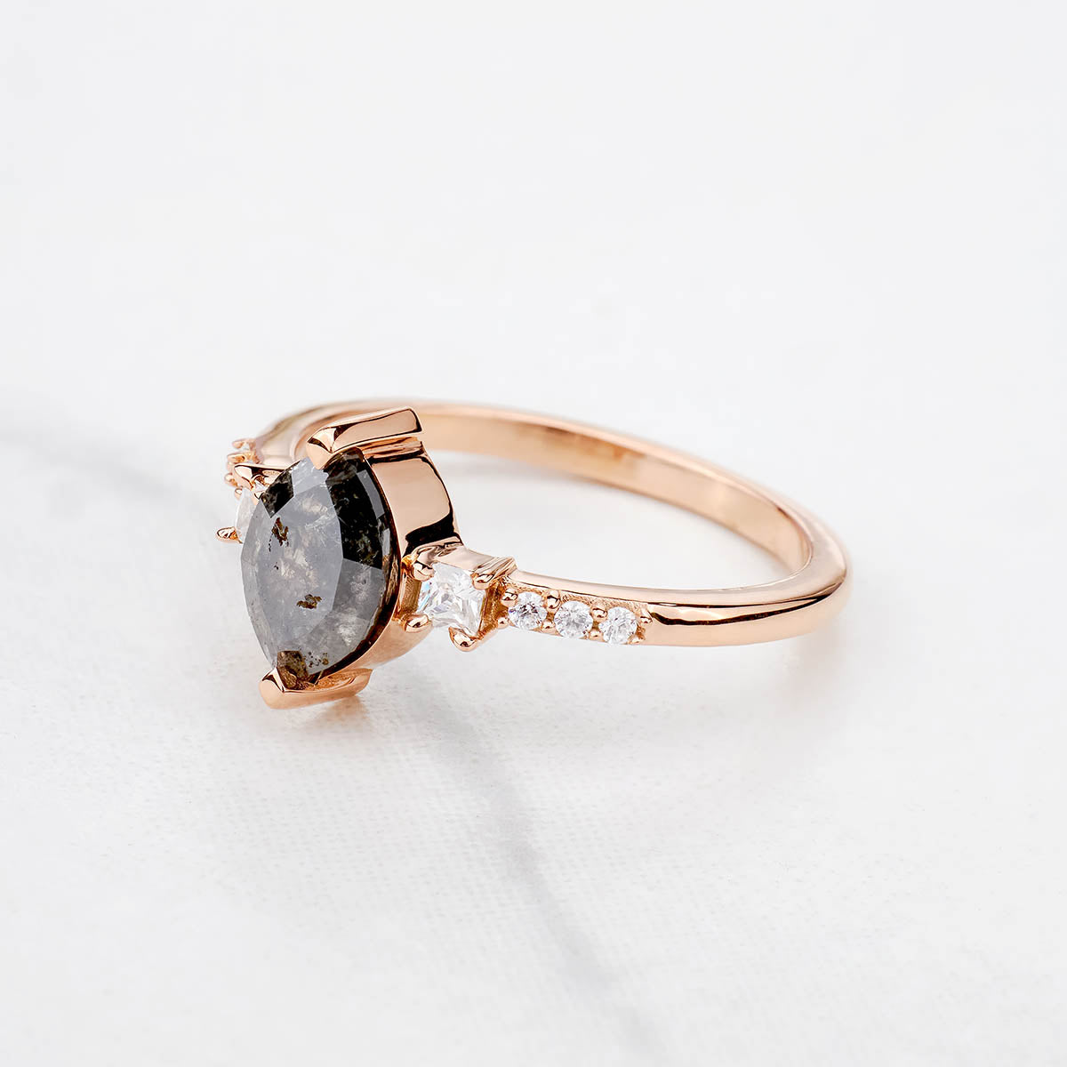 Marquise cut rustic salt and pepper natural diamond wedding ring