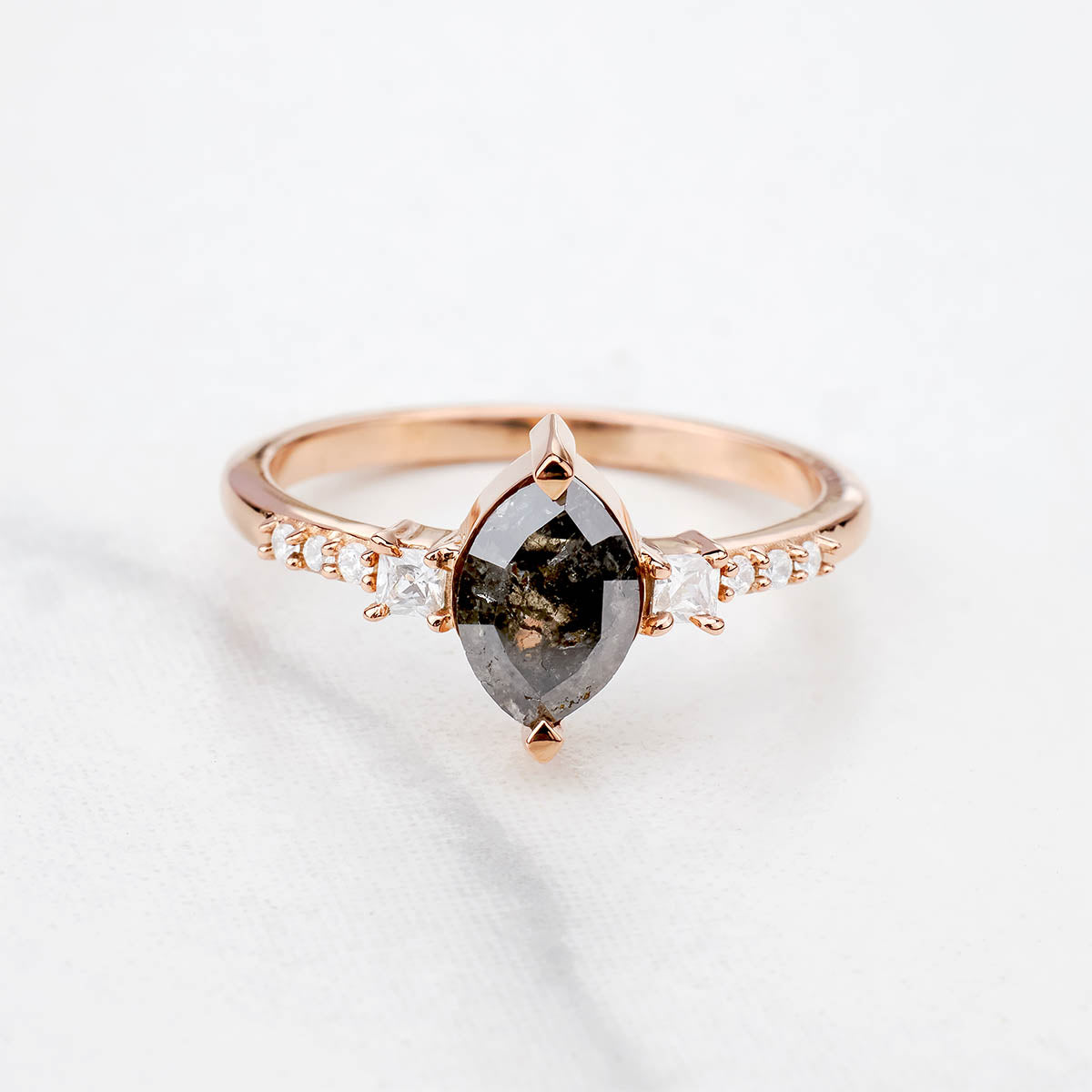 Marquise cut rustic salt and pepper natural diamond wedding ring