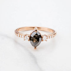 Marquise cut rustic salt and pepper natural diamond wedding ring