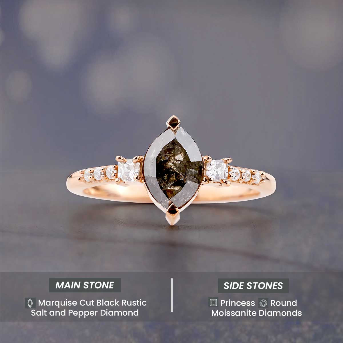 Marquise cut rustic salt and pepper natural diamond wedding ring