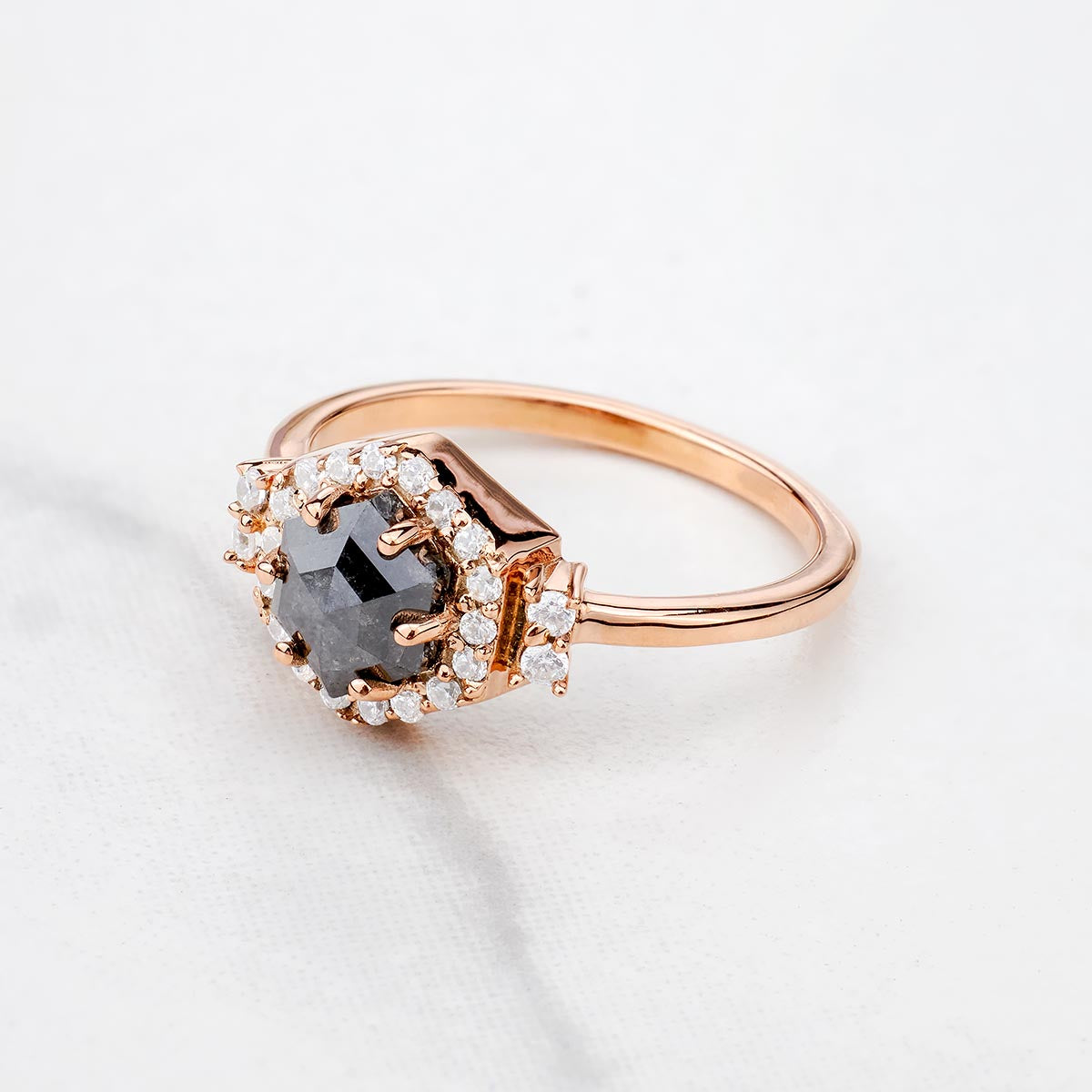 Hexagon Cut Grey Natural Rustic Salt and Pepper Diamond Ring