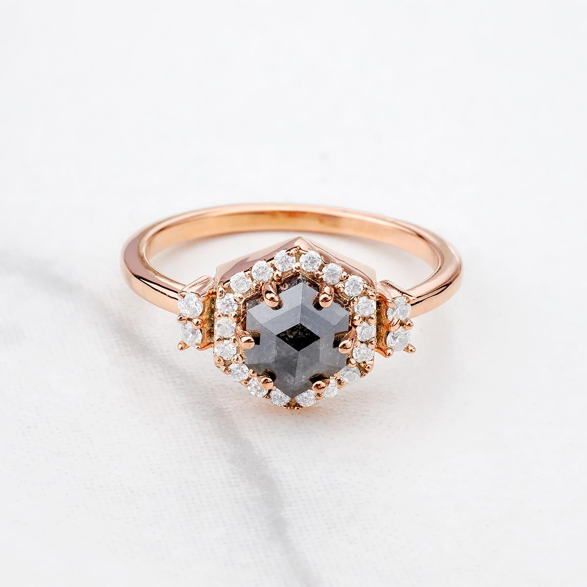 Hexagon Cut Grey Natural Rustic Salt and Pepper Diamond Ring