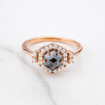 Hexagon Cut Grey Natural Rustic Salt and Pepper Diamond Ring