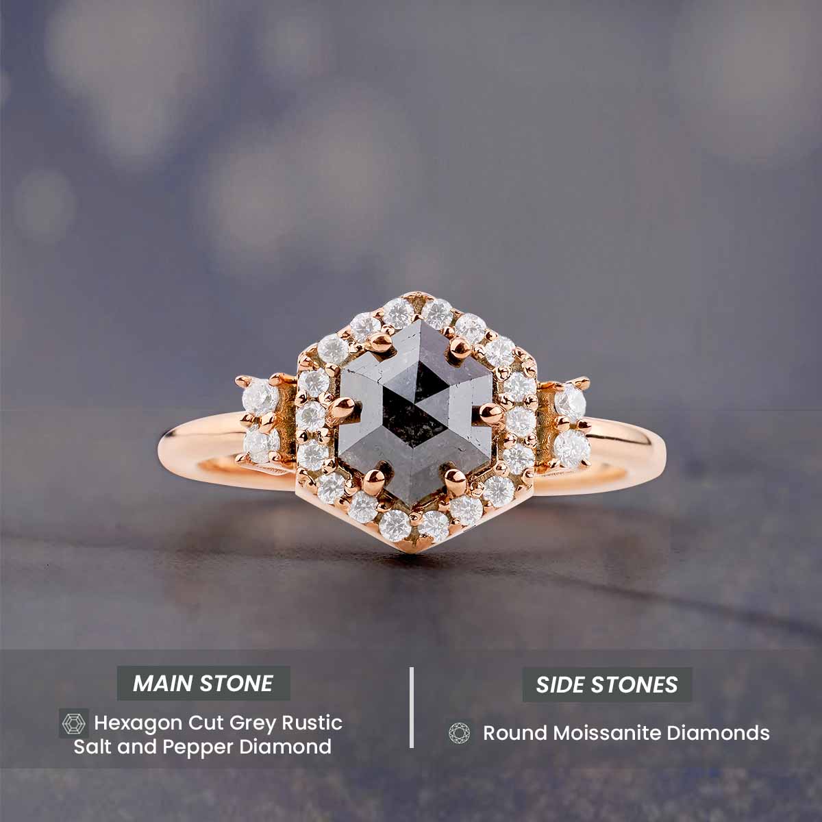 Hexagon Cut Grey Natural Rustic Salt and Pepper Diamond Ring