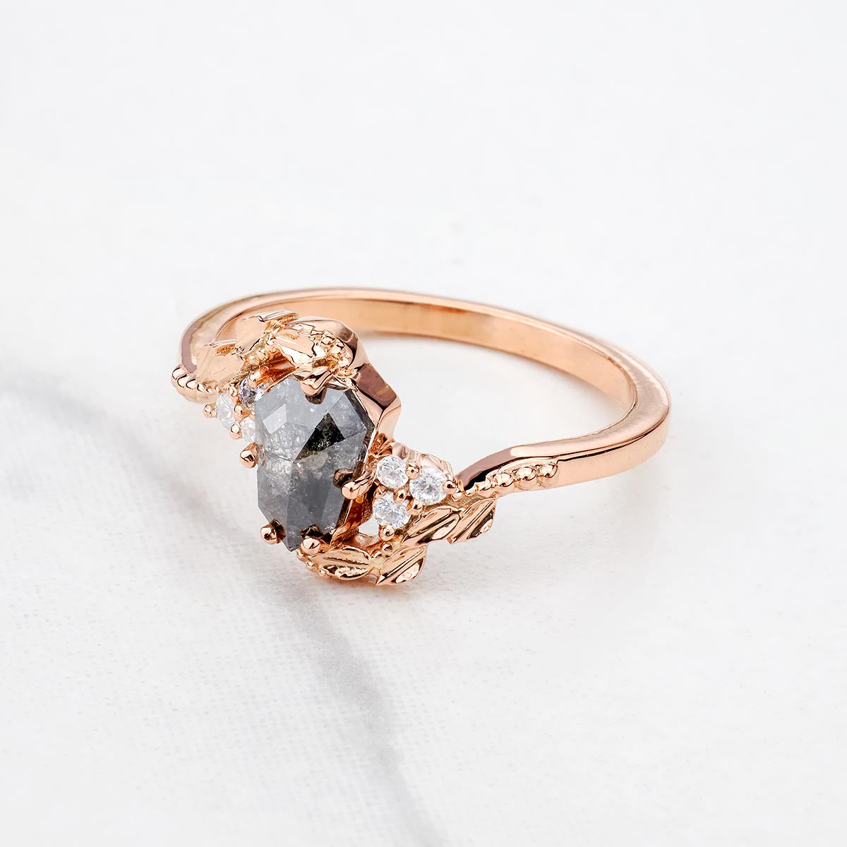 Shield Rose Cut Natural Salt and Pepper Diamond Art Deco Ring